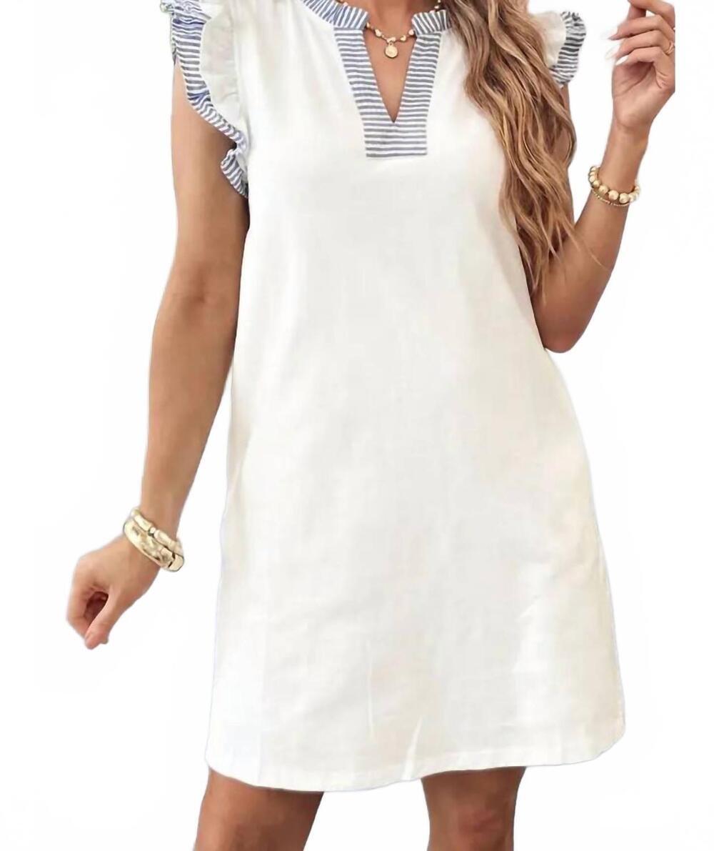 NEW LITTLE DAISY CLOSET striped split neck ruffle trim dress in white